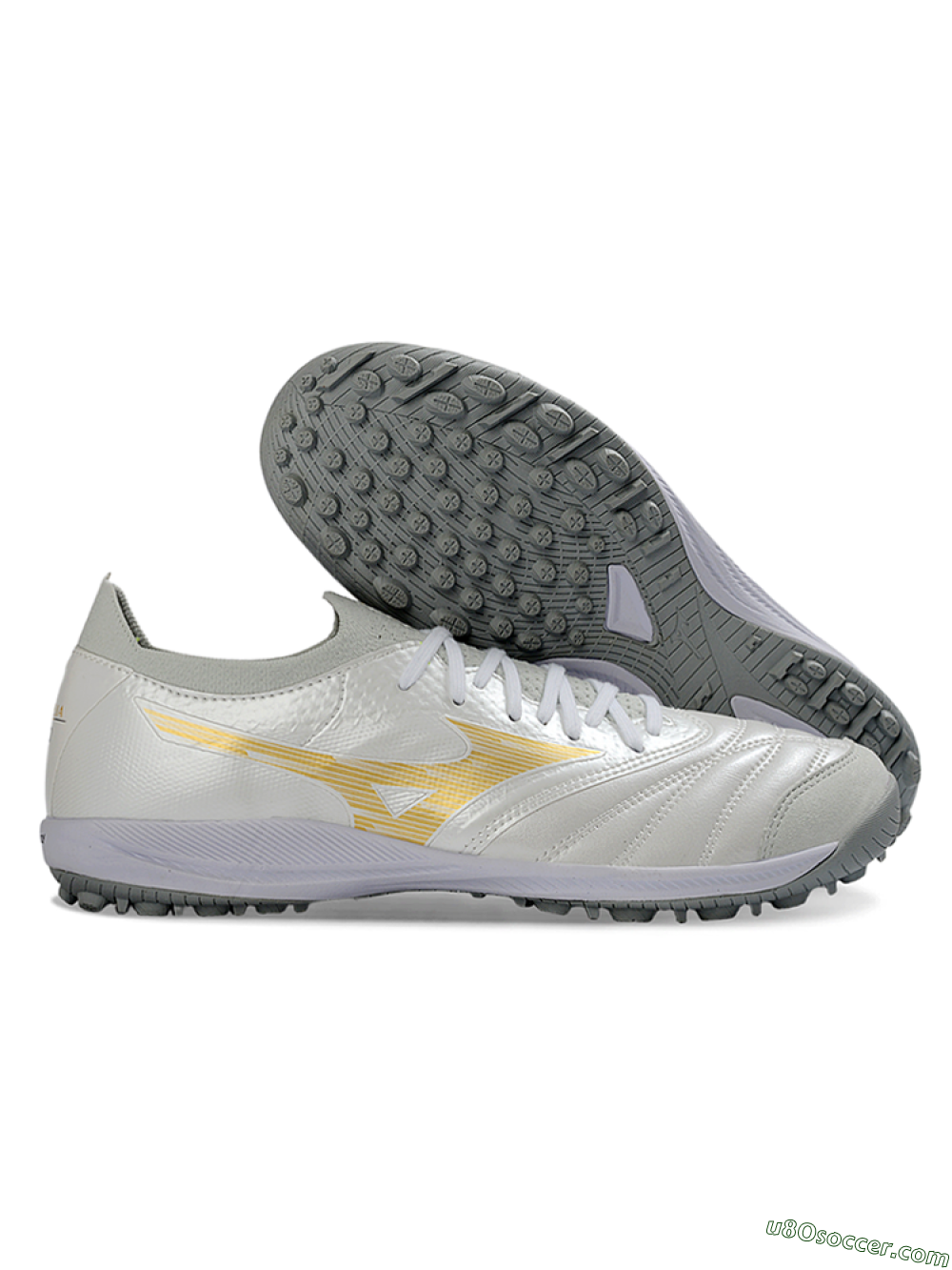 Mizuno Morelia Neo 4 TF Artificial Turf Soccer Shoes - White/Golden Shine/Gray Mist 1