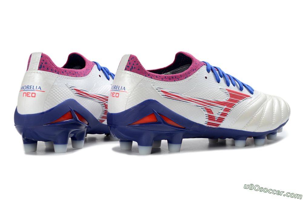 Mizuno Morelia Neo 4 FG Firm Ground Soccer Cleats - White/Cerulean/Crimson 6