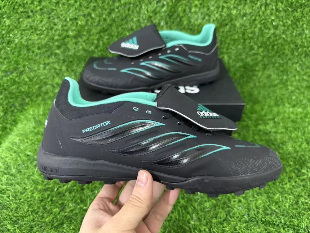 Adidas Predator 26 Elite Fold-Over Tongue TF Artificial Turf Soccer Shoes - Black/Aqua Blue/Charcoal Grey