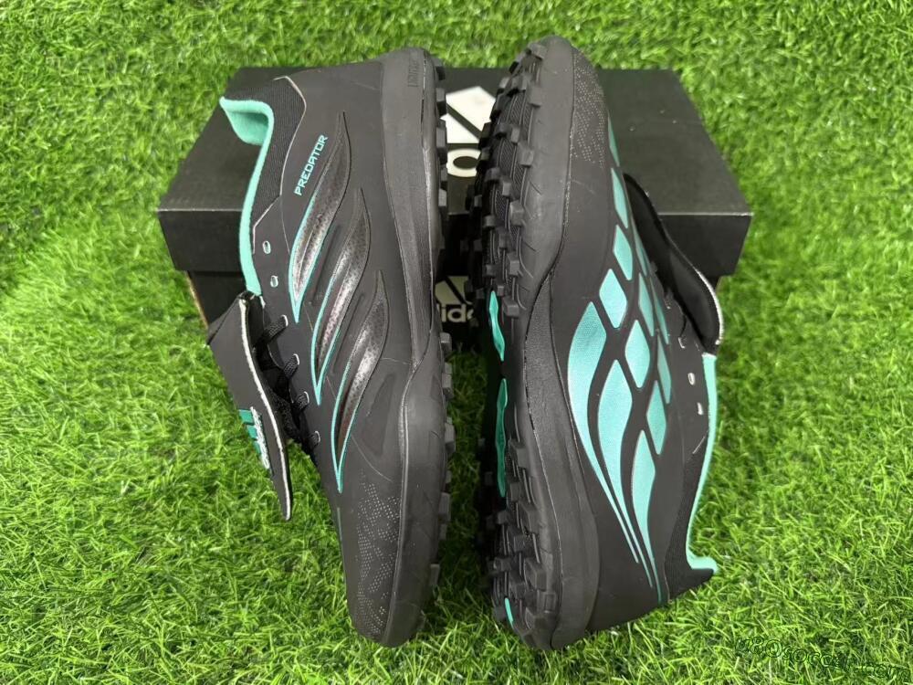 Adidas Predator 26 Elite Fold-Over Tongue TF Artificial Turf Soccer Shoes - Black/Aqua Blue/Charcoal Grey