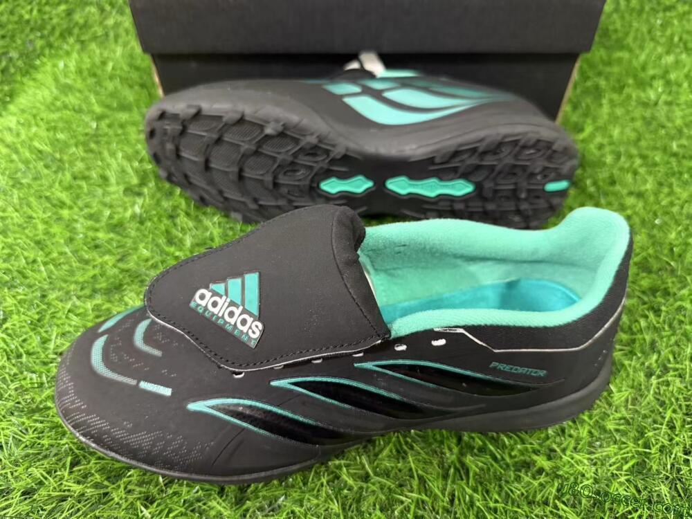 Adidas Predator 26 Elite Fold-Over Tongue TF Artificial Turf Soccer Shoes - Black/Aqua Blue/Charcoal Grey