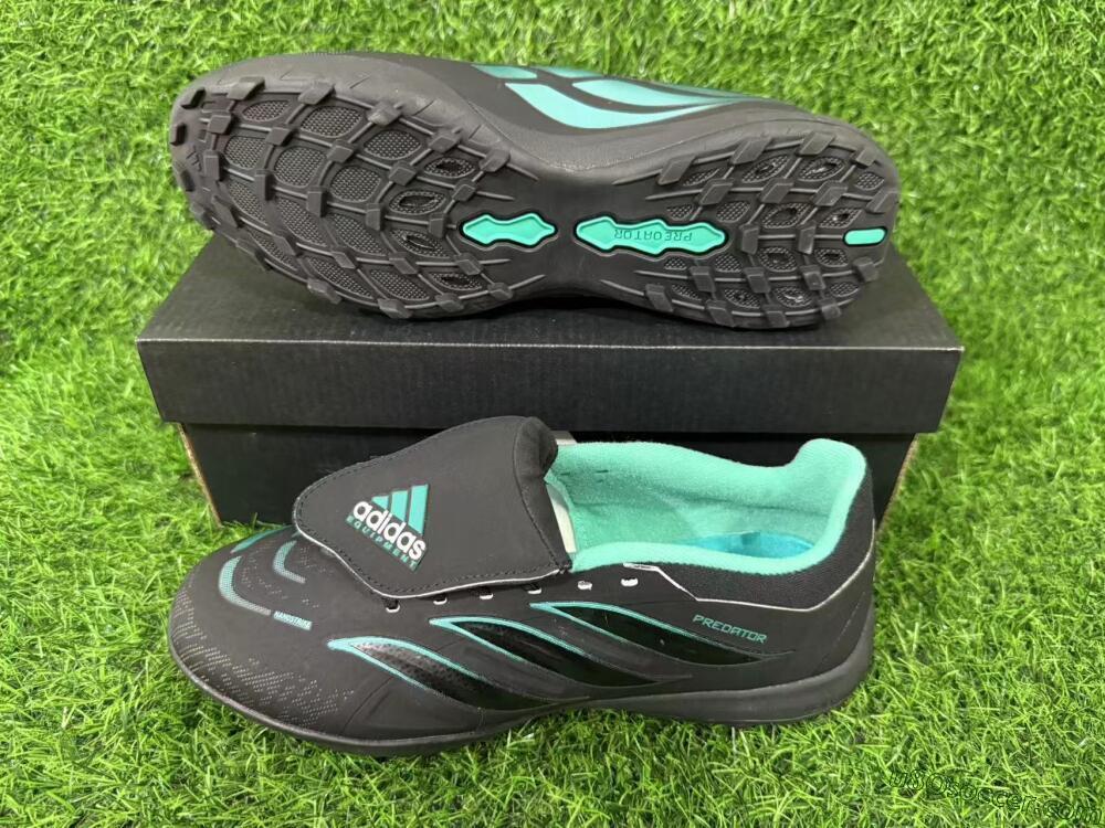 Adidas Predator 26 Elite Fold-Over Tongue TF Artificial Turf Soccer Shoes - Black/Aqua Blue/Charcoal Grey
