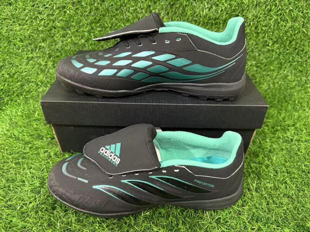 Adidas Predator 26 Elite Fold-Over Tongue TF Artificial Turf Soccer Shoes - Black/Aqua Blue/Charcoal Grey