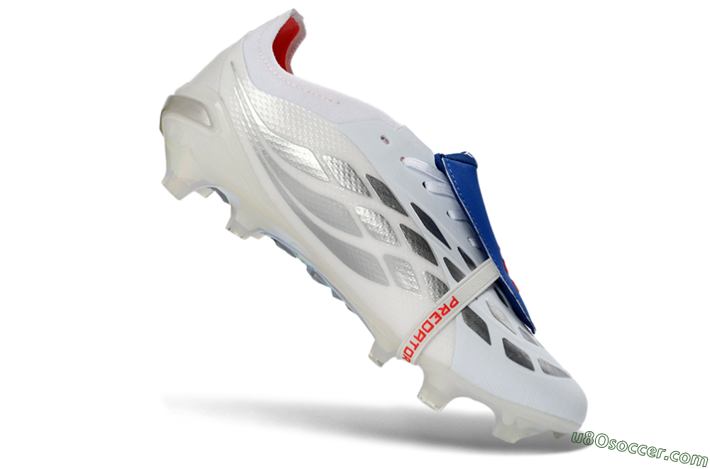 Adidas Predator 26 Elite Fold-Over Tongue FG Firm Ground Soccer Cleats - White/Electric Blue/Silver Gray 5