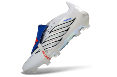 Adidas Predator 26 Elite Fold-Over Tongue FG Firm Ground Soccer Cleats - White/Electric Blue/Silver Gray