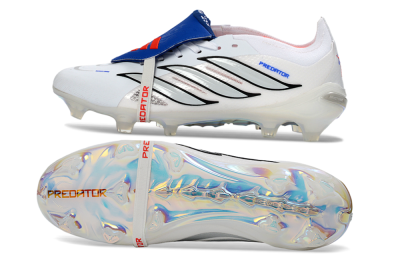 Adidas Predator 26 Elite Fold-Over Tongue FG Firm Ground Soccer Cleats - White/Electric Blue/Silver Gray