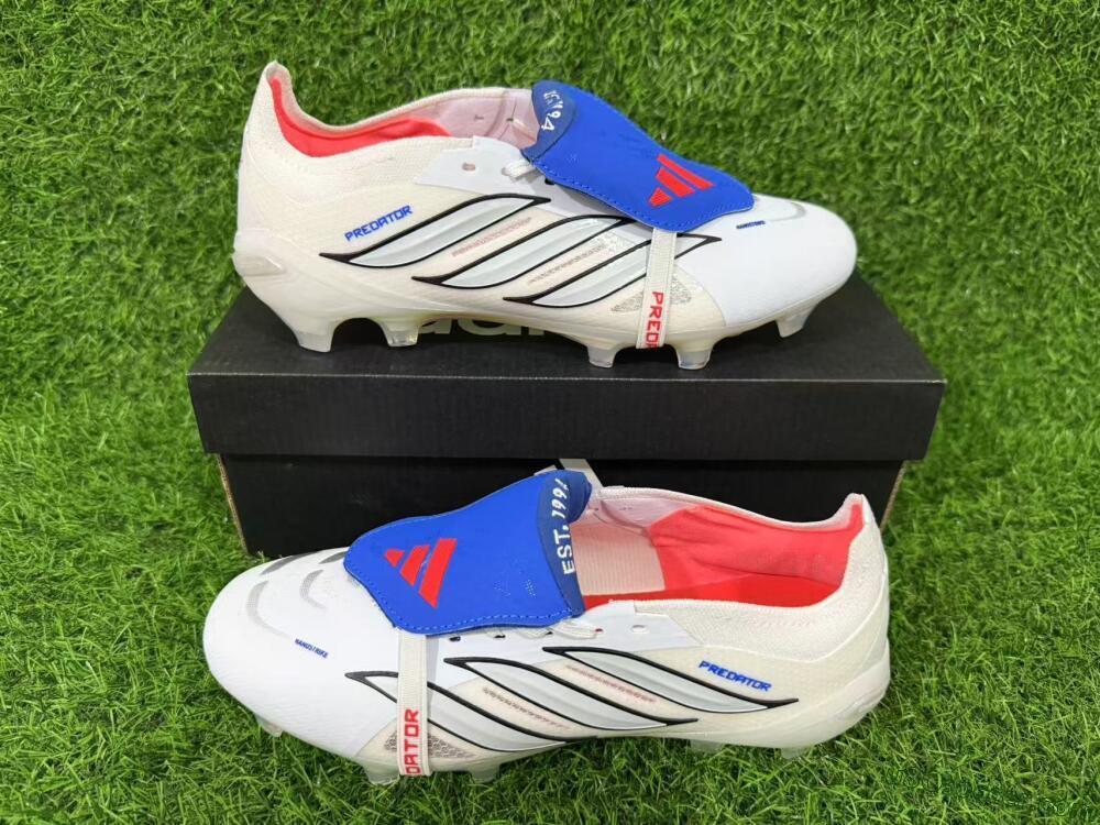 Adidas Predator 26 Elite Fold-Over Tongue FG Firm Ground Soccer Cleats - White/Electric Blue/Silver Gray