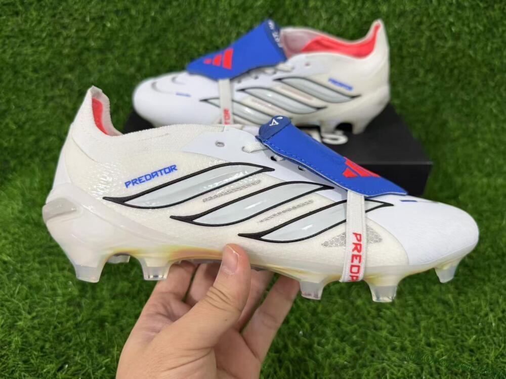 Adidas Predator 26 Elite Fold-Over Tongue FG Firm Ground Soccer Cleats - White/Electric Blue/Silver Gray
