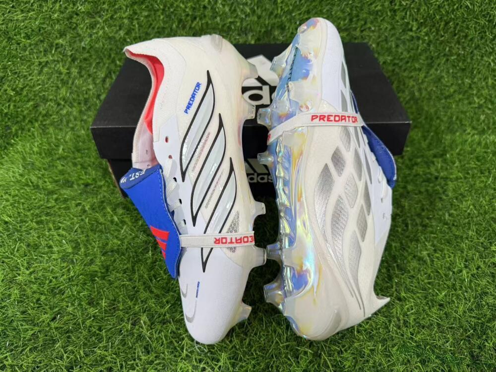 Adidas Predator 26 Elite Fold-Over Tongue FG Firm Ground Soccer Cleats - White/Electric Blue/Silver Gray
