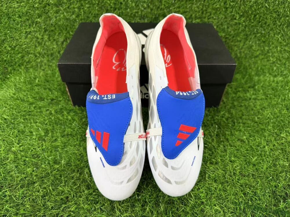 Adidas Predator 26 Elite Fold-Over Tongue FG Firm Ground Soccer Cleats - White/Electric Blue/Silver Gray