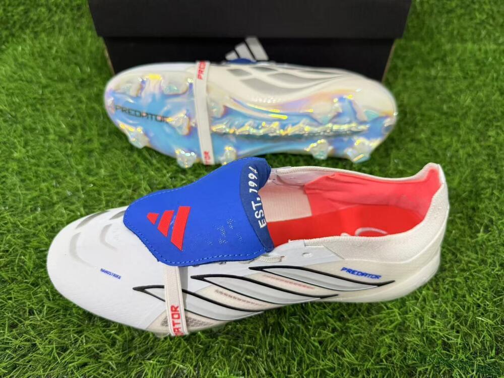 Adidas Predator 26 Elite Fold-Over Tongue FG Firm Ground Soccer Cleats - White/Electric Blue/Silver Gray