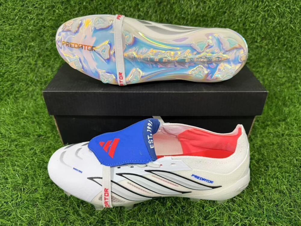 Adidas Predator 26 Elite Fold-Over Tongue FG Firm Ground Soccer Cleats - White/Electric Blue/Silver Gray
