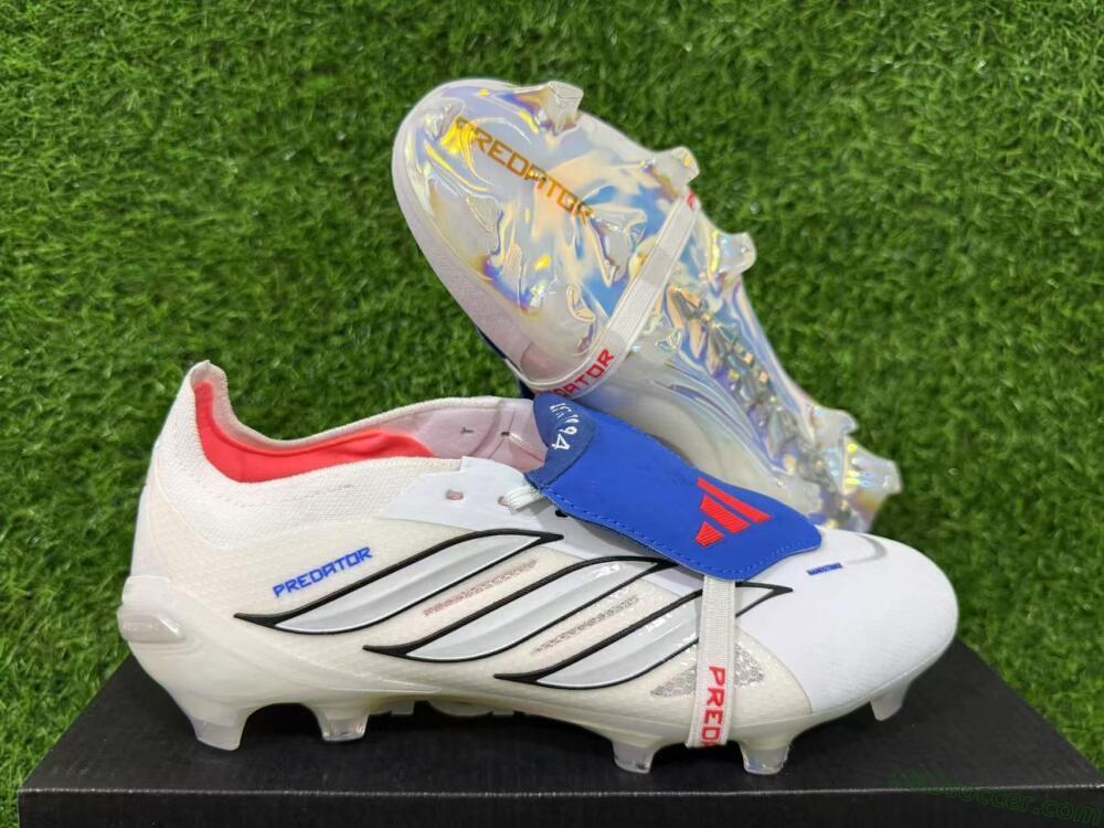 Adidas Predator 26 Elite Fold-Over Tongue FG Firm Ground Soccer Cleats - White/Electric Blue/Silver Gray