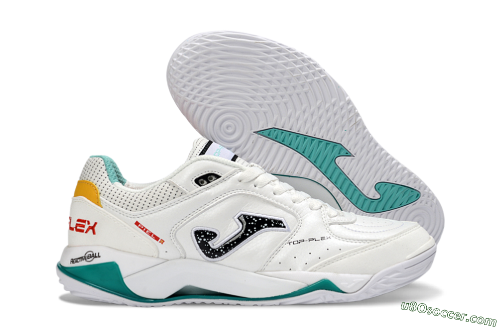 Joma Top Flex IC Indoor & Futsal Soccer Shoes - White/Teal Splash/Golden Accent 1