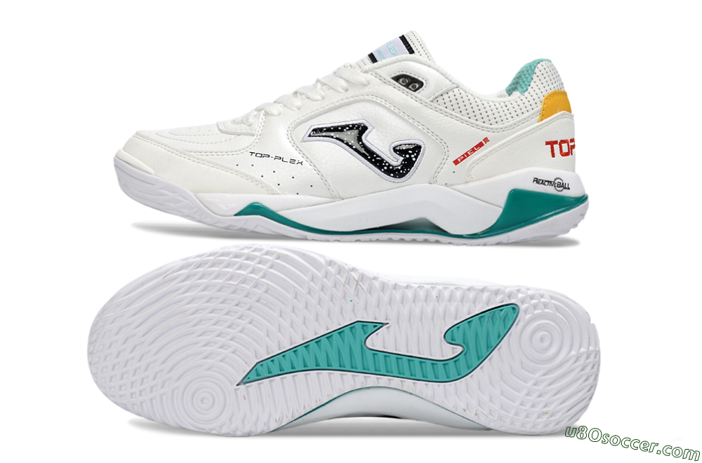 Joma Top Flex IC Indoor & Futsal Soccer Shoes - White/Teal Splash/Golden Accent 0