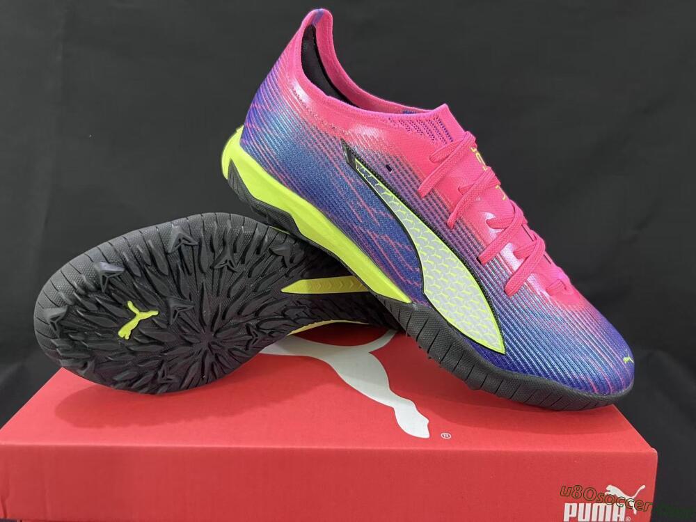 Puma Ultra Ultimate TF Artificial Turf Soccer Shoes - Pink/Neon Green/Deep Purple
