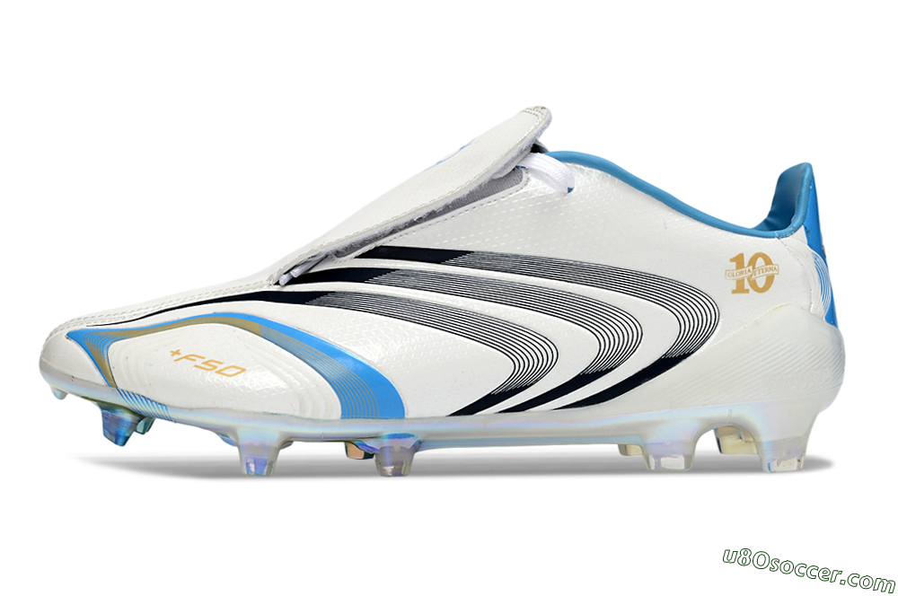 Adidas F50 Elite Laceless FG Firm Ground Soccer Cleats - White/Sky Blue/Black 2