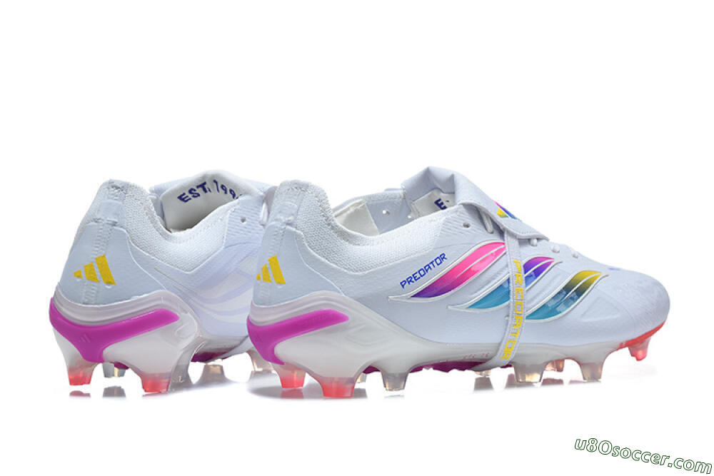 Adidas Predator 26 Elite Fold-Over Tongue FG Firm Ground Soccer Cleats - White/Sunset Pink/Cool Blue 9