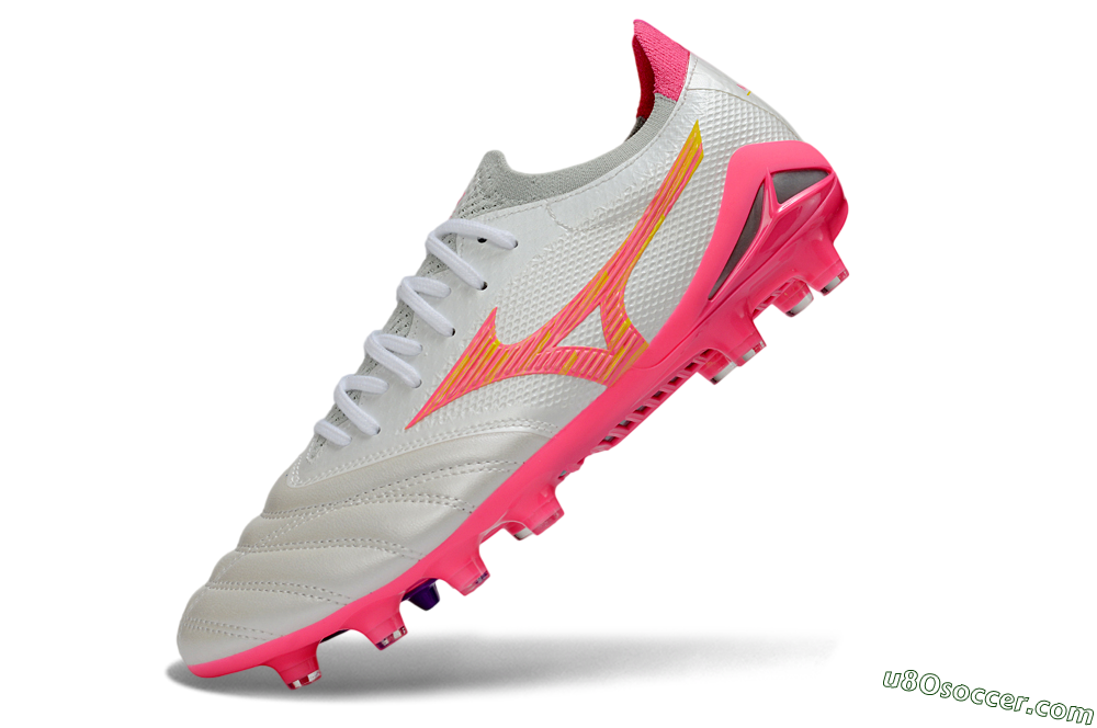 Mizuno Morelia Neo 4 Bate FG Firm Ground Soccer Cleats - White/Neon Pink/Metallic Silver 5