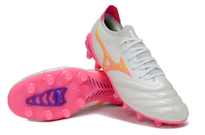 Mizuno Morelia Neo 4 Bate FG Firm Ground Soccer Cleats - White/Neon Pink/Metallic Silver