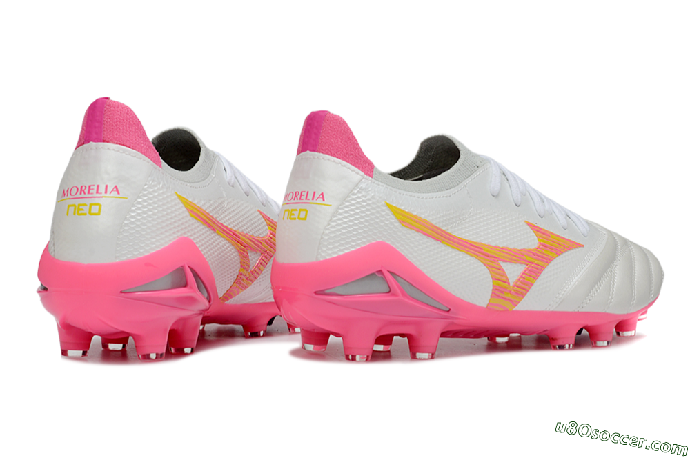 Mizuno Morelia Neo 4 Bate FG Firm Ground Soccer Cleats - White/Neon Pink/Metallic Silver 6