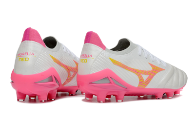Mizuno Morelia Neo 4 Bate FG Firm Ground Soccer Cleats - White/Neon Pink/Metallic Silver