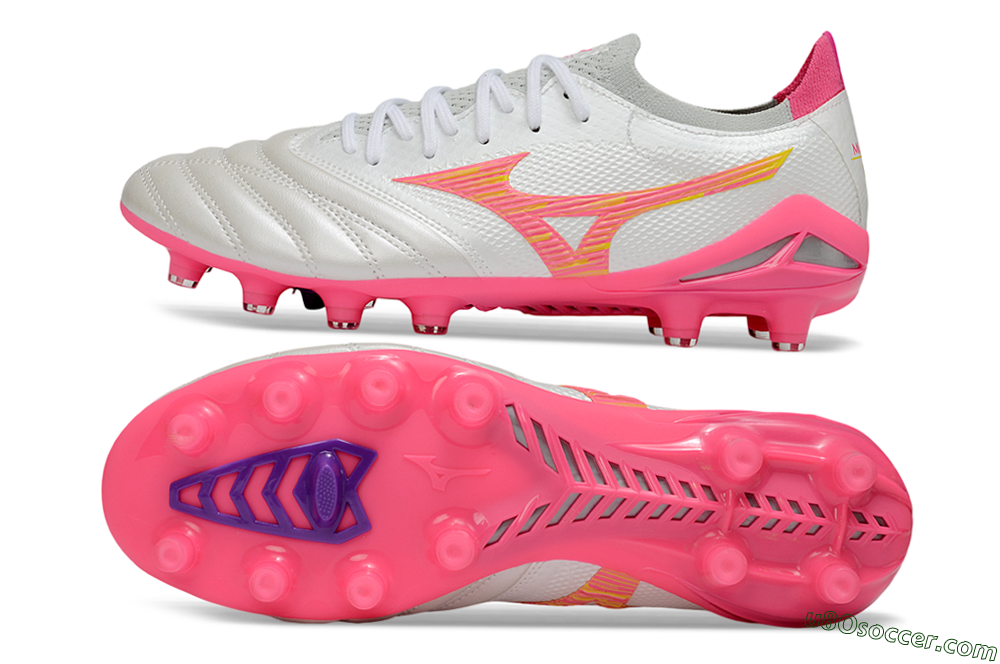 Mizuno Morelia Neo 4 Bate FG Firm Ground Soccer Cleats - White/Neon Pink/Metallic Silver 0