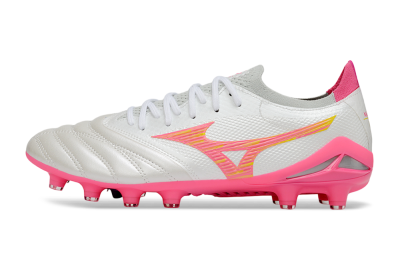 Mizuno Morelia Neo 4 Bate FG Firm Ground Soccer Cleats - White/Neon Pink/Metallic Silver