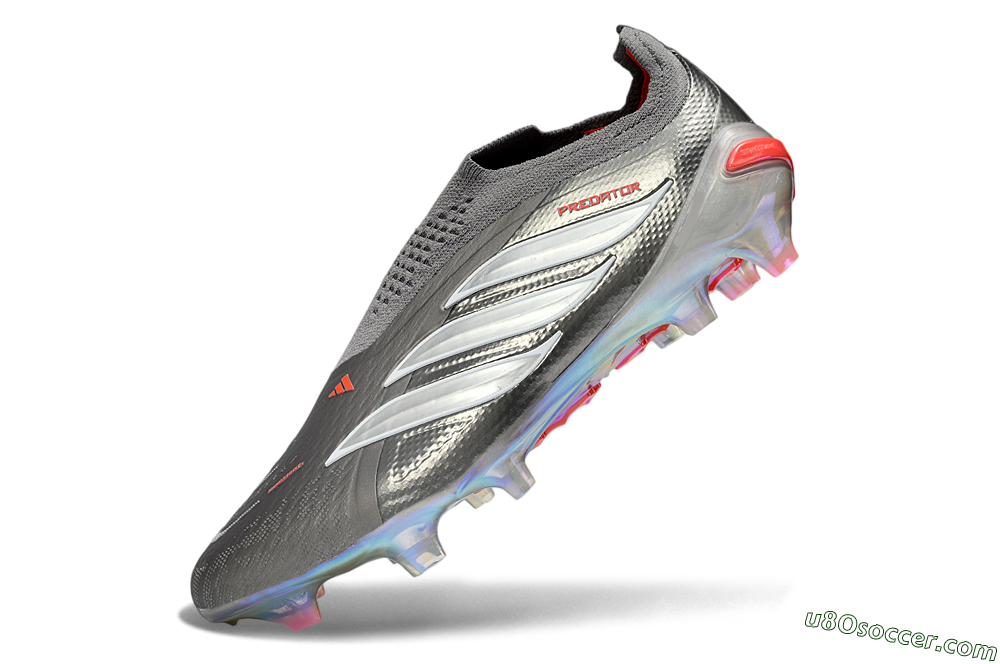 Adidas Predator 26 Elite Laceless FG Firm Ground Soccer Cleats - Gray/Electric Red/Shimmer White 5