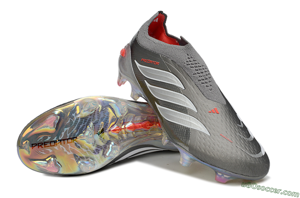 Adidas Predator 26 Elite Laceless FG Firm Ground Soccer Cleats - Gray/Electric Red/Shimmer White 3
