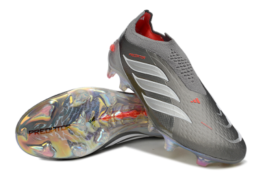 Adidas Predator 26 Elite Laceless FG Firm Ground Soccer Cleats - Gray/Electric Red/Shimmer White