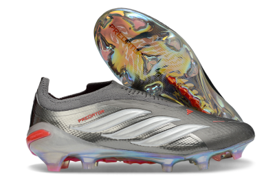 Adidas Predator 26 Elite Laceless FG Firm Ground Soccer Cleats - Gray/Electric Red/Shimmer White
