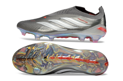 Adidas Predator 26 Elite Laceless FG Firm Ground Soccer Cleats - Gray/Electric Red/Shimmer White