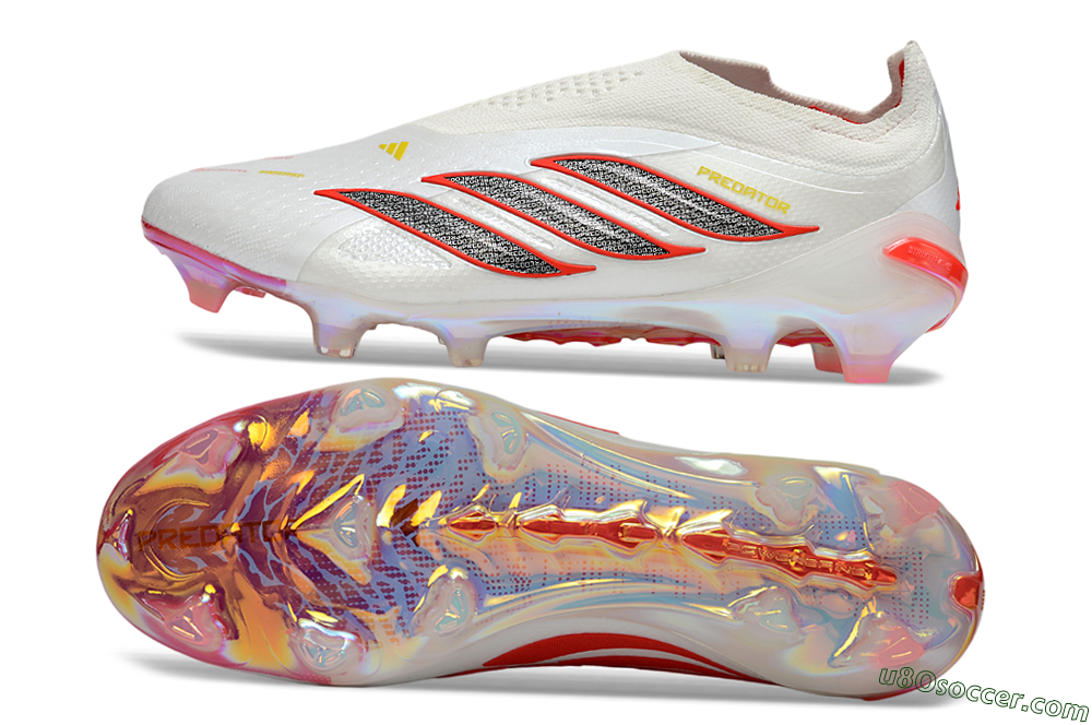 Adidas Predator 26 Elite Laceless FG Firm Ground Soccer Cleats - White/Fiery Red/Metallic Black 0