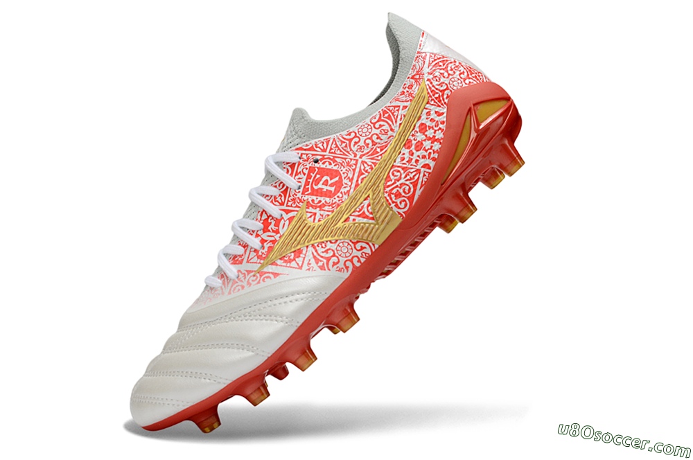 Mizuno Morelia Neo 4 Bate FG Firm Ground Soccer Cleats - White/Coral Rose/Gold Shimmer 5