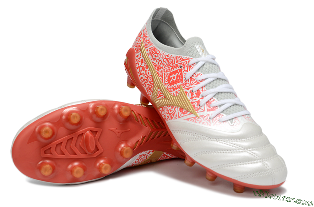 Mizuno Morelia Neo 4 Bate FG Firm Ground Soccer Cleats - White/Coral Rose/Gold Shimmer 3