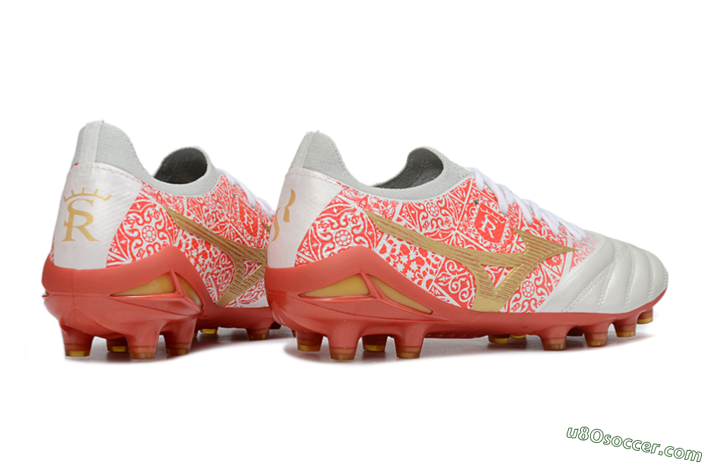 Mizuno Morelia Neo 4 Bate FG Firm Ground Soccer Cleats - White/Coral Rose/Gold Shimmer 6