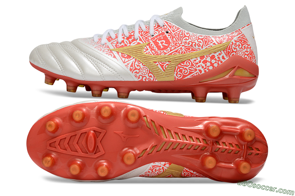 Mizuno Morelia Neo 4 Bate FG Firm Ground Soccer Cleats - White/Coral Rose/Gold Shimmer 0