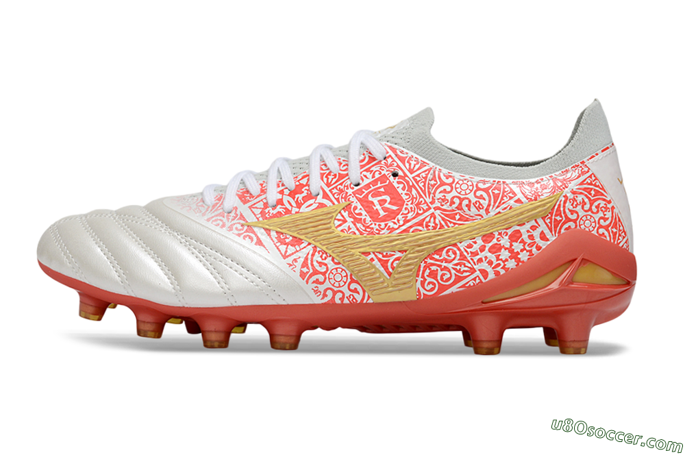 Mizuno Morelia Neo 4 Bate FG Firm Ground Soccer Cleats - White/Coral Rose/Gold Shimmer 2