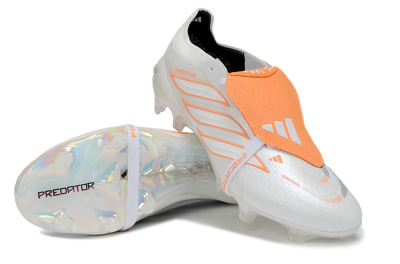 Adidas Predator 26 Elite Fold-Over Tongue FG Firm Ground Soccer Cleats - White/Vibrant Orange/Metallic Iridescent
