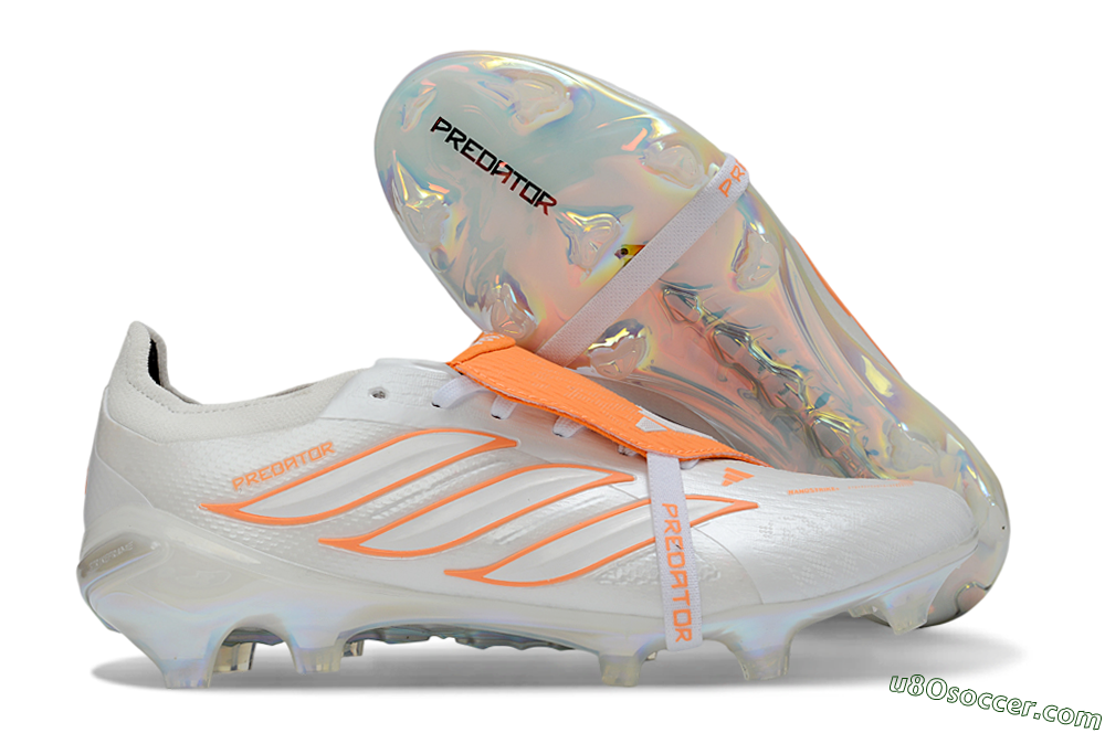 Adidas Predator 26 Elite Fold-Over Tongue FG Firm Ground Soccer Cleats - White/Vibrant Orange/Metallic Iridescent 1