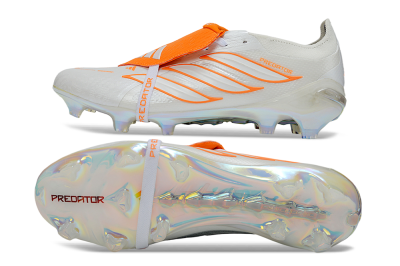 Adidas Predator 26 Elite Fold-Over Tongue FG Firm Ground Soccer Cleats - White/Vibrant Orange/Metallic Iridescent