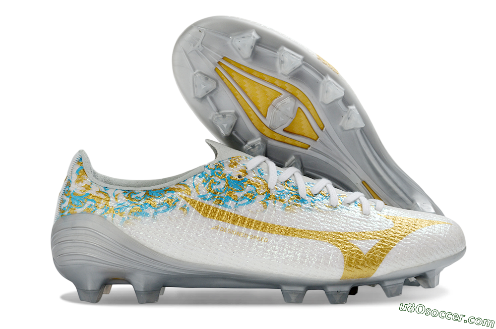 Mizuno Alpha 3 Elite FG Firm Ground Soccer Cleats - White/Golden Shine/Blue Floral 1