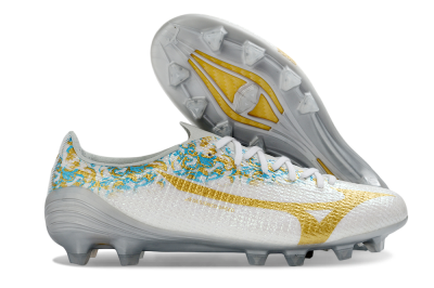 Mizuno Alpha 3 Elite FG Firm Ground Soccer Cleats - White/Golden Shine/Blue Floral