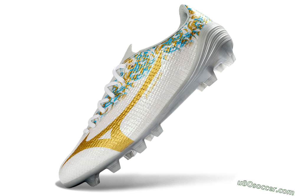 Mizuno Alpha 3 Elite FG Firm Ground Soccer Cleats - White/Golden Shine/Blue Floral 5
