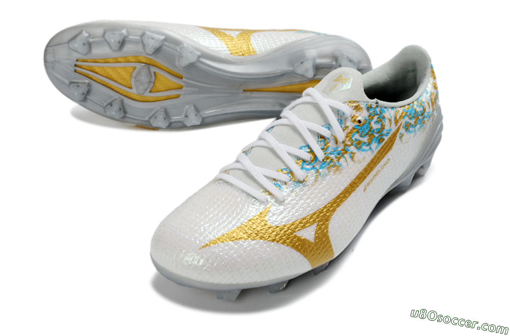 Mizuno Alpha 3 Elite FG Firm Ground Soccer Cleats - White/Golden Shine/Blue Floral 3