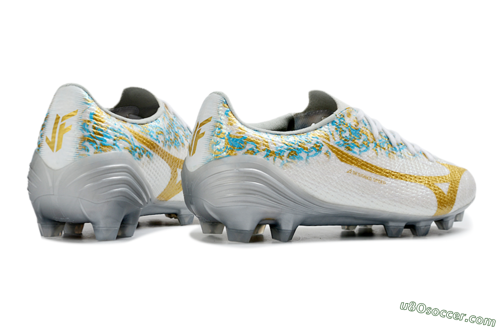 Mizuno Alpha 3 Elite FG Firm Ground Soccer Cleats - White/Golden Shine/Blue Floral 6