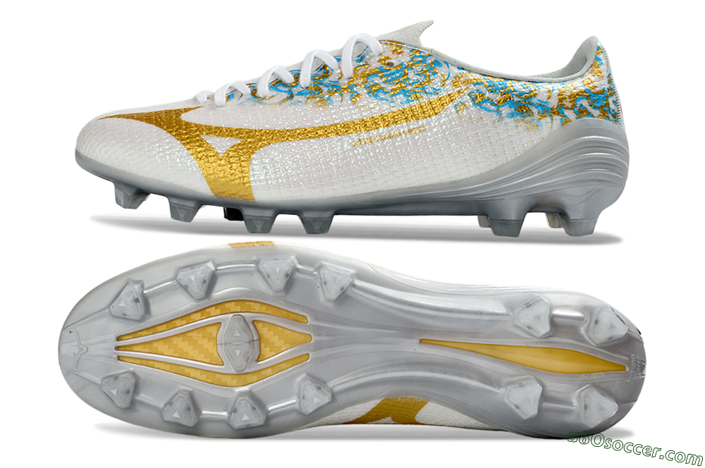 Mizuno Alpha 3 Elite FG Firm Ground Soccer Cleats - White/Golden Shine/Blue Floral 0