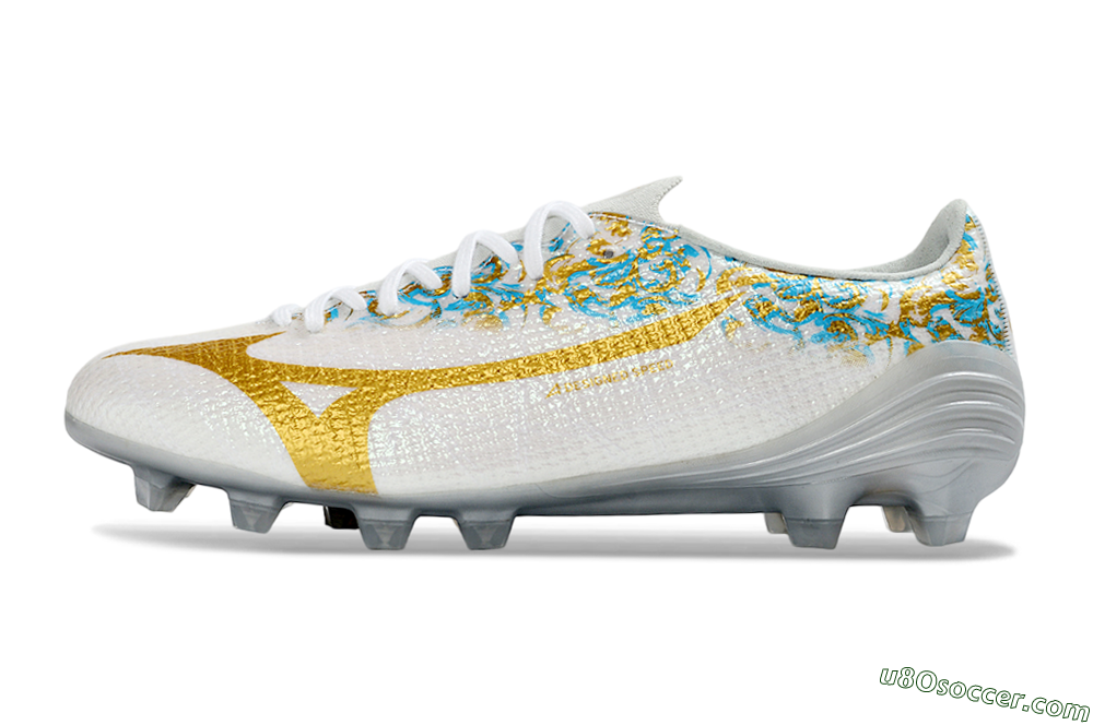 Mizuno Alpha 3 Elite FG Firm Ground Soccer Cleats - White/Golden Shine/Blue Floral 2
