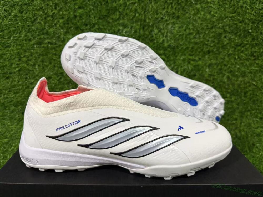 Adidas Predator 26 Elite Laceless TF Artificial Turf Soccer Shoes - White/Electric Blue/Light Grey